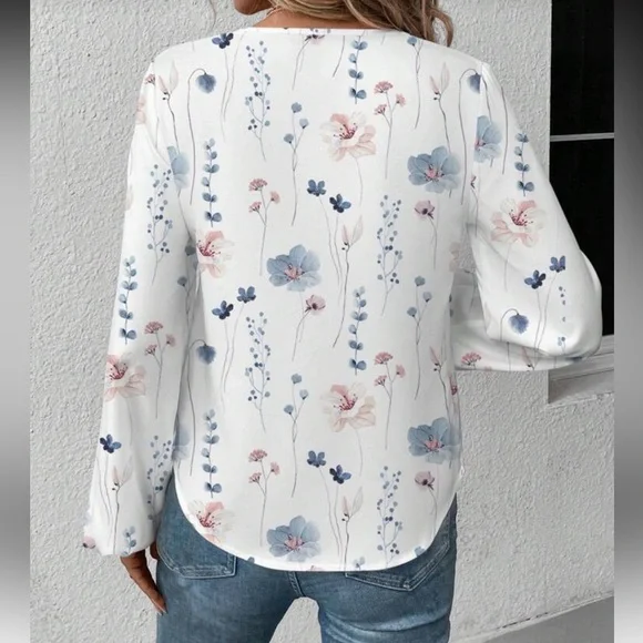 Emma Company Floral V-Neck Blouse - White and Blue - Picture 2 of 3